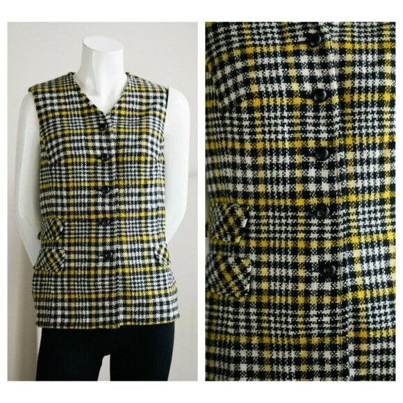 Vintage Junior House Micro Check Long Line  Wool Vest with Grandpa Buttons M - Picture 1 of 8